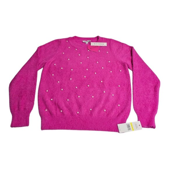 NWT Nanette Lepore Sweater Fuzzy Bright Pink Faux Pearl Womens M Embellished - Picture 1 of 7